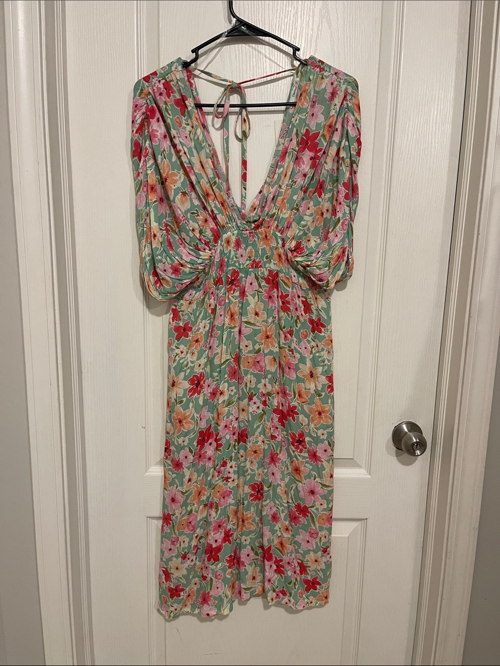 Timing Mint Floral Midi Dress with Pink & Red Blooms